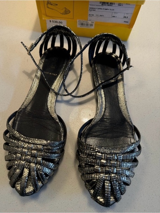 Fendi Shoes - Fendi Black and Silver Woven Leather Ankle-Strap Sandals